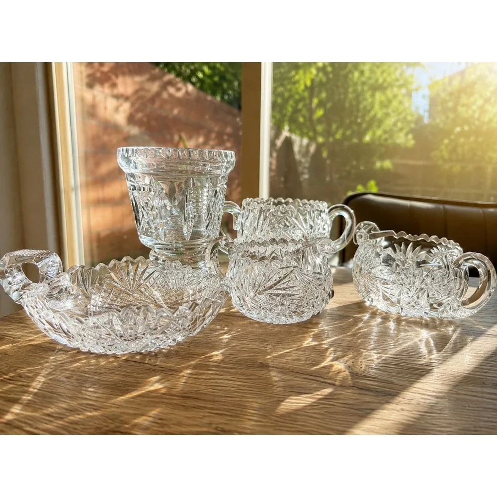 Vintage Cut Glass Crystal Serving Set Starburst Diamond Pattern 5 Pc Collection